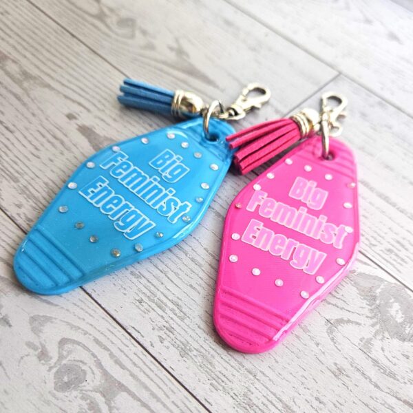 Big Feminist Energy Motel Keychain | Retro Rhinestone Bag Charm
