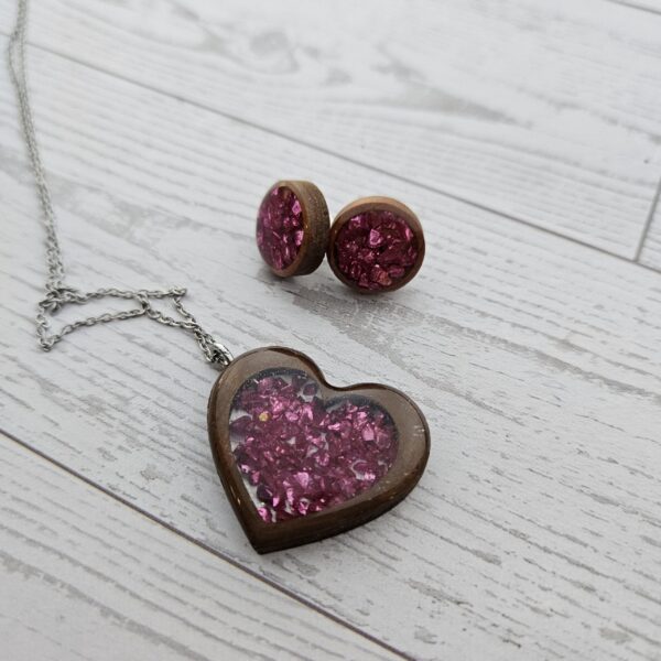 Hot Pink Wood Resin Heart Necklace and Earring Set | Handmade Jewelry