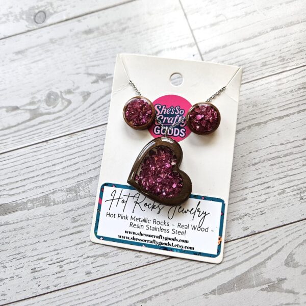 Hot Pink Wood Resin Heart Necklace and Earring Set | Handmade Jewelry