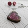 Hot Pink Wood Resin Heart Necklace and Earring Set | Handmade Jewelry