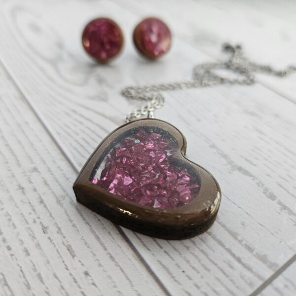 Hot Pink Wood Resin Heart Necklace and Earring Set | Handmade Jewelry