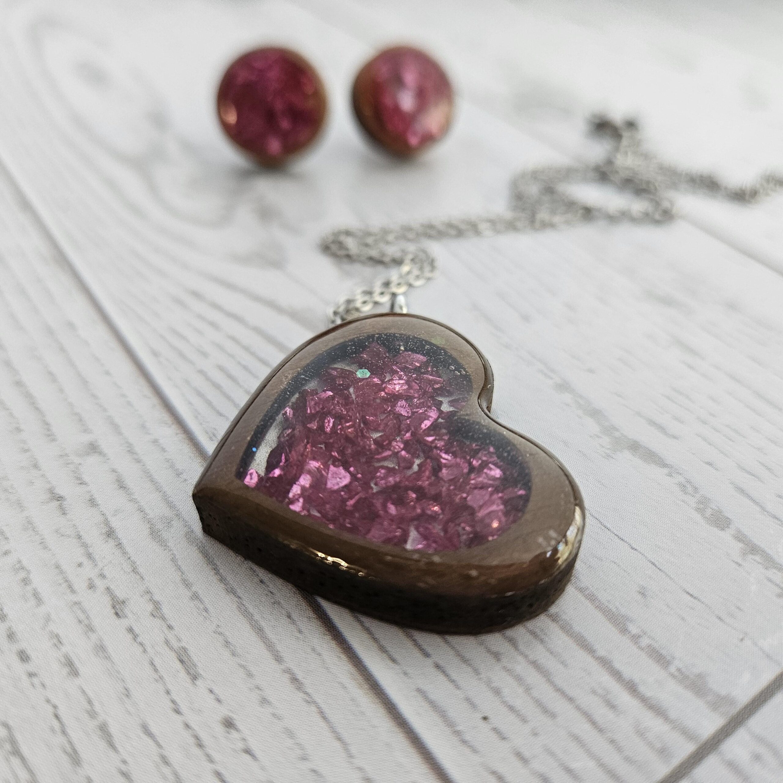 Hot Pink Wood Resin Heart Necklace and Earring Set | Handmade Jewelry - Image 2