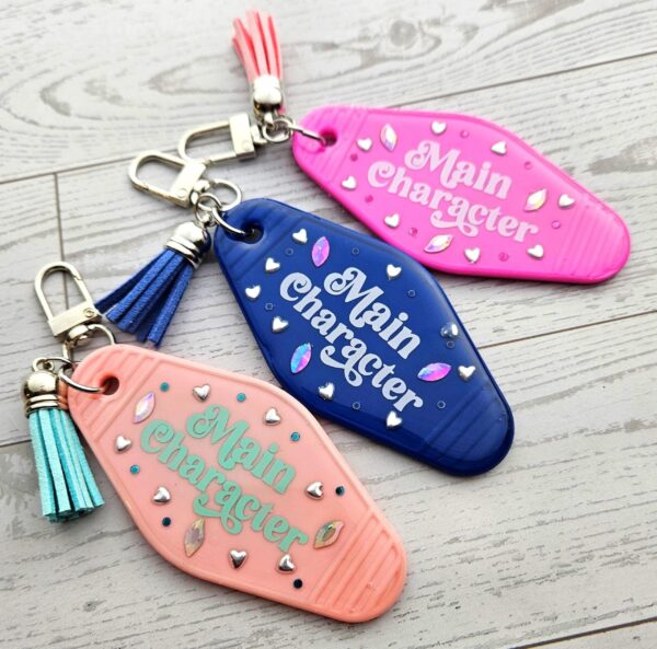 il_fullxfull.7835053990_epzl-1 Main Character Motel Keychain | Retro Hotel Tag, Rhinestone Tassel Charm