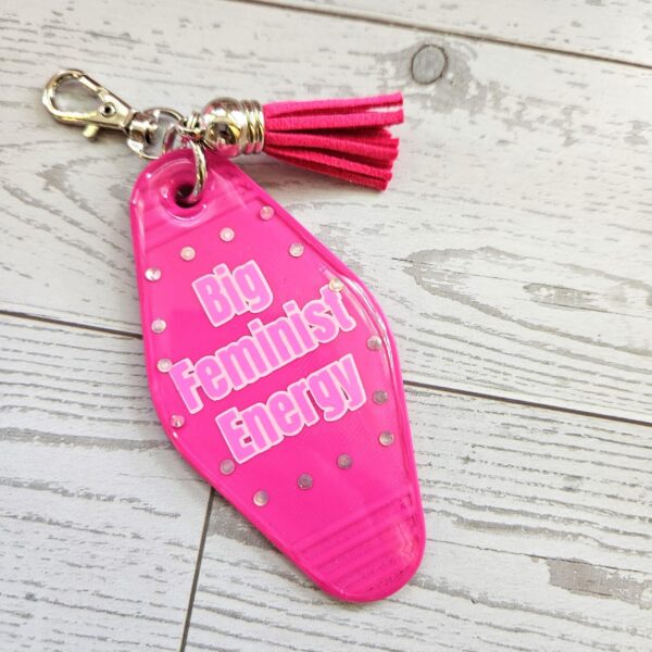 Big Feminist Energy Motel Keychain | Retro Rhinestone Bag Charm