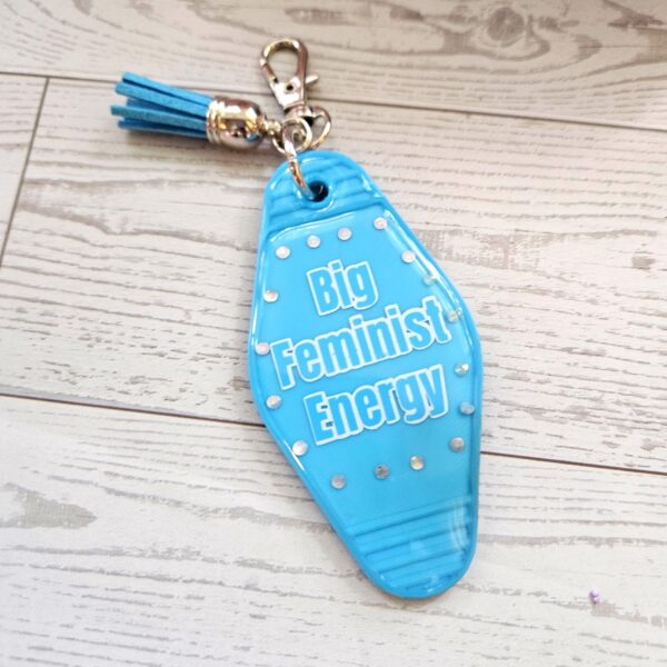 Big Feminist Energy Motel Keychain | Retro Rhinestone Bag Charm