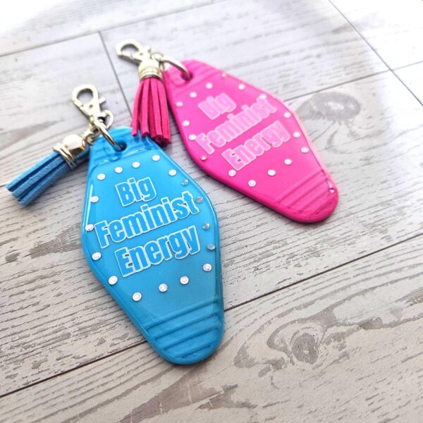 Big Feminist Energy Motel Keychain | Retro Rhinestone Bag Charm