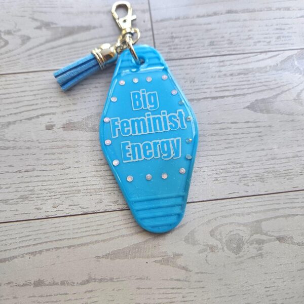 Big Feminist Energy Motel Keychain | Retro Rhinestone Bag Charm
