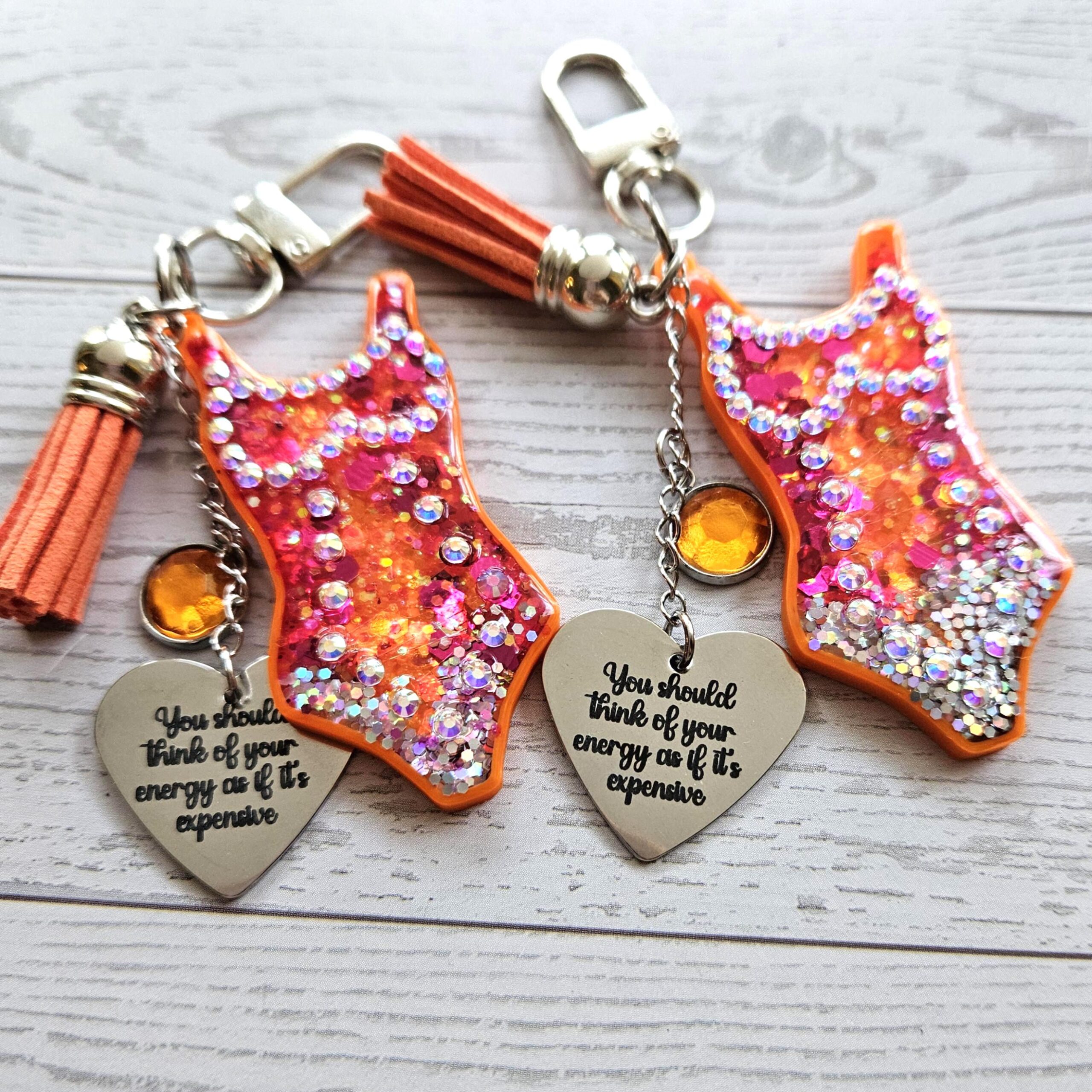 Orange Showgirl Era Keychain – Rhinestone Resin Bag Charm with Engraved Quote - Image 14