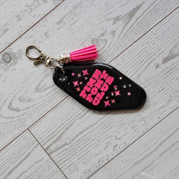 il_fullxfull.7867686752_1hit Pink Pony Club Motel Keychain with Crystals — Black Pink Rhinestone Bag Charm