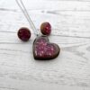 Hot Pink Wood Resin Heart Necklace and Earring Set | Handmade Jewelry