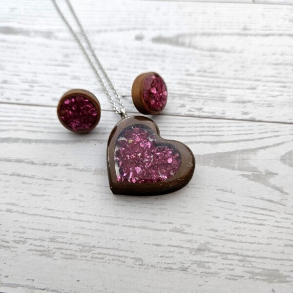 Hot Pink Wood Resin Heart Necklace and Earring Set | Handmade Jewelry