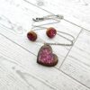 Hot Pink Wood Resin Heart Necklace and Earring Set | Handmade Jewelry