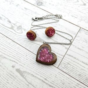 Hot Pink Wood Resin Heart Necklace and Earring Set | Handmade Jewelry