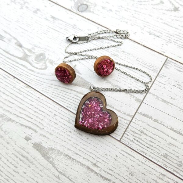 Hot Pink Wood Resin Heart Necklace and Earring Set | Handmade Jewelry