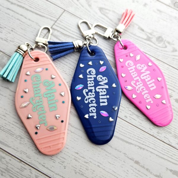 il_fullxfull.7882993165_hpjp-1 Main Character Motel Keychain | Retro Hotel Tag, Rhinestone Tassel Charm
