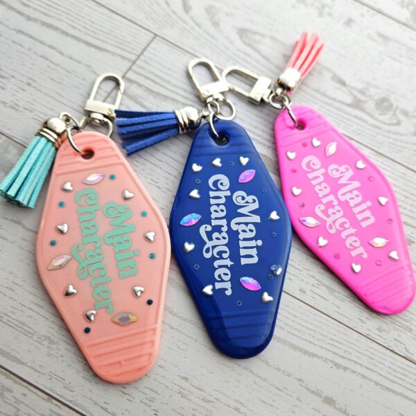 il_fullxfull.7883007173_dm9x-1 Main Character Motel Keychain | Retro Hotel Tag, Rhinestone Tassel Charm