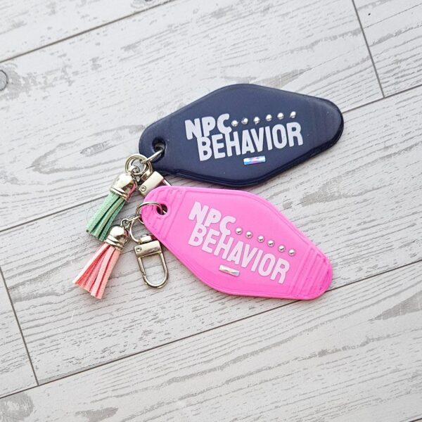 il_fullxfull.7905178227_62hd NPC Behavior Resin Motel Keychain, Funny Meme Bag Charm, Sarcastic Gift for Her