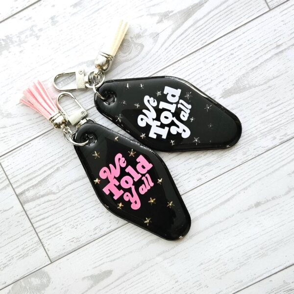 il_fullxfull.7905230169_2zr2 We Told Yall Resin Motel Keychain Funny Political Bag Charm Feminist Gift for Her