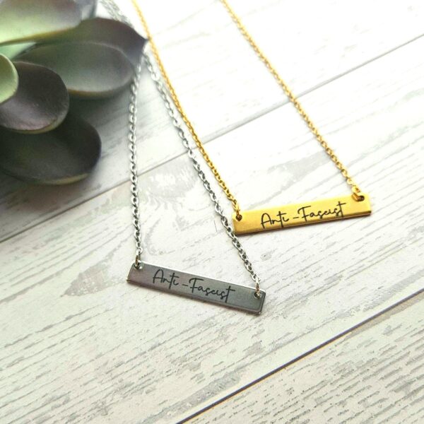 Anti-Fascist Bar Necklace, Stainless Steel Resistance Jewelry - Activist Gift, Leftist Political Pendant, Punk Engraved Charm