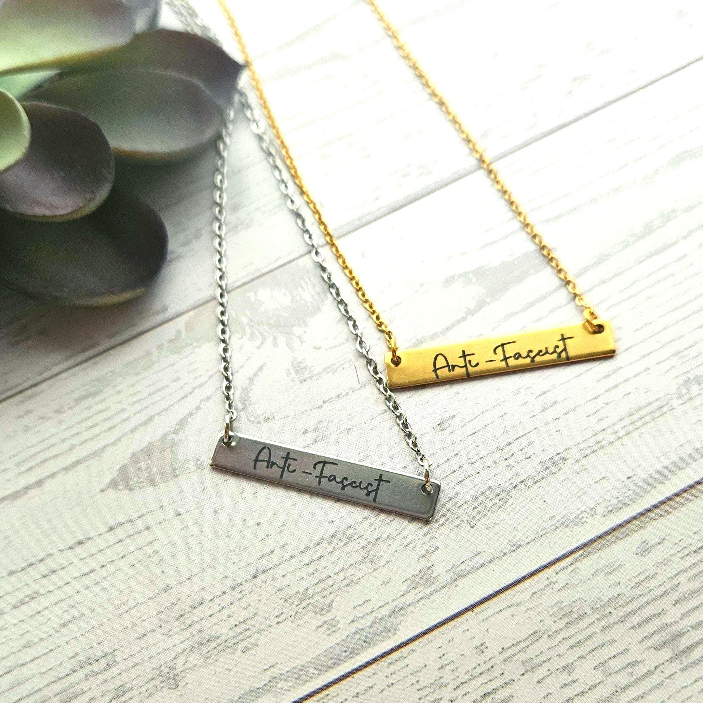 Anti-Fascist Bar Necklace, Stainless Steel Resistance Jewelry - Activist Gift, Leftist Political Pendant, Punk Engraved Charm