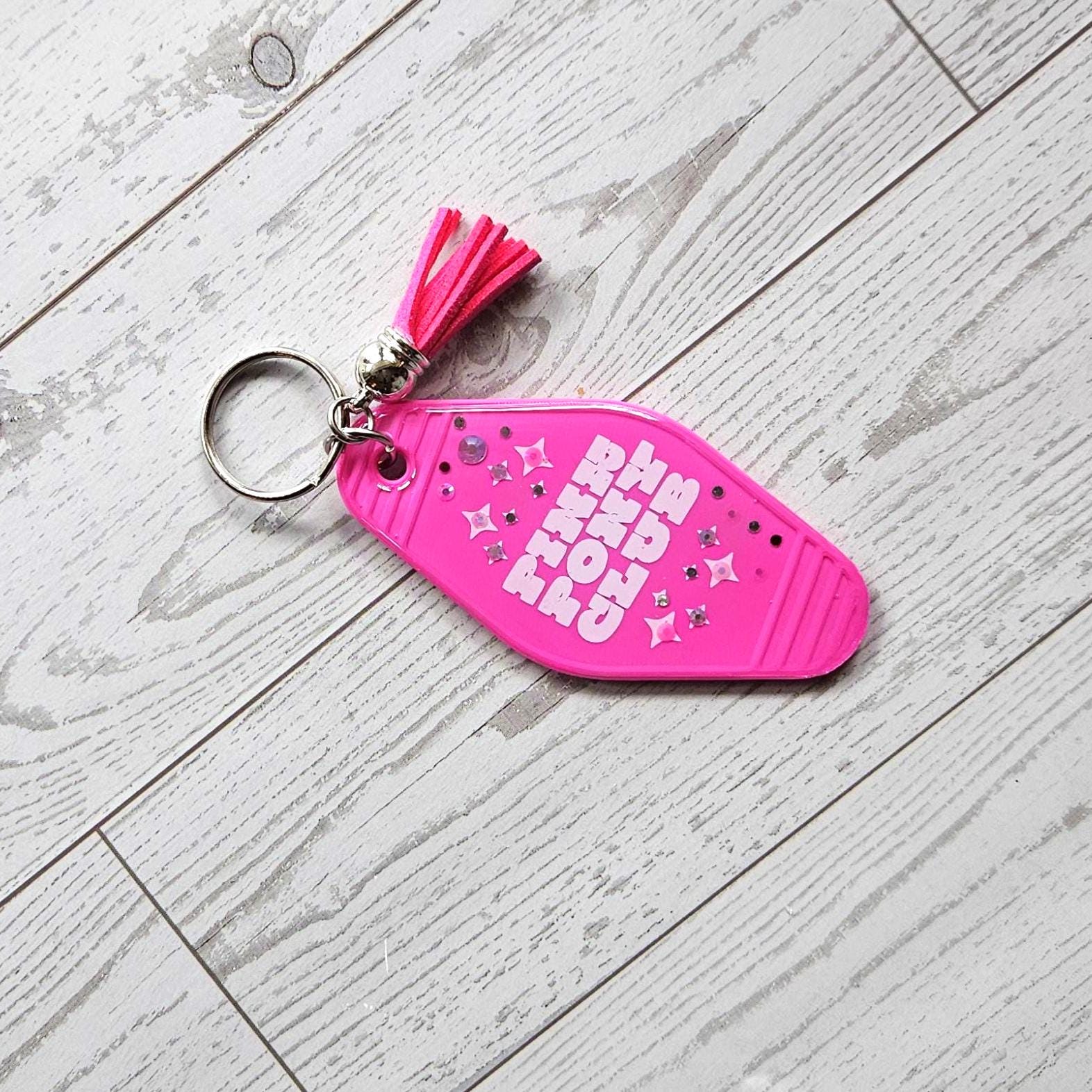 Pink Pony Club Motel Keychain — White Pink Rhinestone Tassel Bag Charm - Image 7