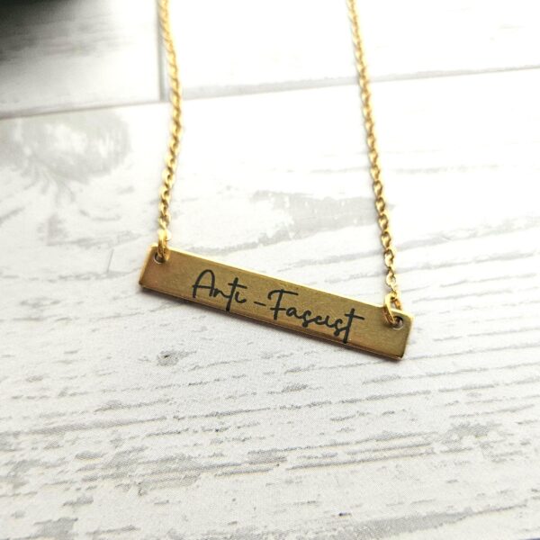 Anti-Fascist Bar Necklace, Stainless Steel Resistance Jewelry - Activist Gift, Leftist Political Pendant, Punk Engraved Charm