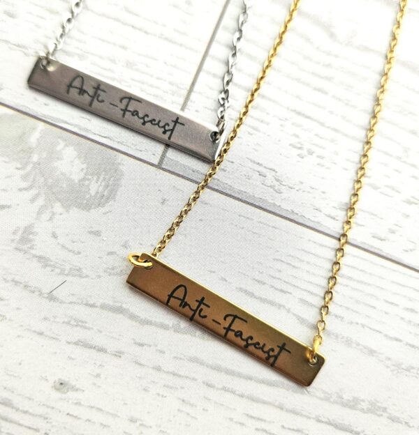 Anti-Fascist Bar Necklace, Stainless Steel Resistance Jewelry - Activist Gift, Leftist Political Pendant, Punk Engraved Charm