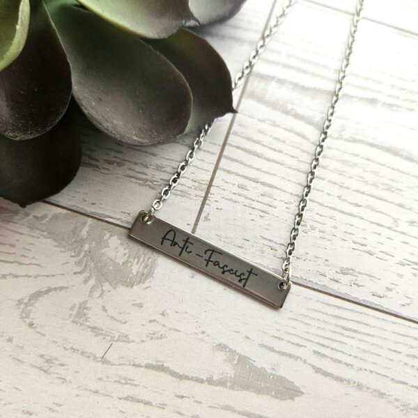 Anti-Fascist Bar Necklace, Stainless Steel Resistance Jewelry - Activist Gift, Leftist Political Pendant, Punk Engraved Charm