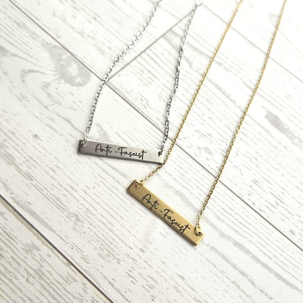 Anti-Fascist Bar Necklace, Stainless Steel Resistance Jewelry - Activist Gift, Leftist Political Pendant, Punk Engraved Charm